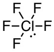 In the centre of the image are the letters "Cl." five lines branch from the central "Cl" atom. At the end of each line is the letter "F." To the bottom right of the letters "Cl" are two small, filled circles, or dots.
