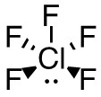 In the centre of the image are the letters "Cl." a line connects the "Cl" to the letter "F" from above. To the top left and to the top right of the letters "Cl" are the letters "F" which are both connected to the "Cl" by diagonal lines. To the bottom left and the bottom right of the letters "Cl" are the letters "F" which are both connected to the "Cl" by solid black, filled triangles. To the bottom of the "Cl" are two small. filled circles, or dots.
